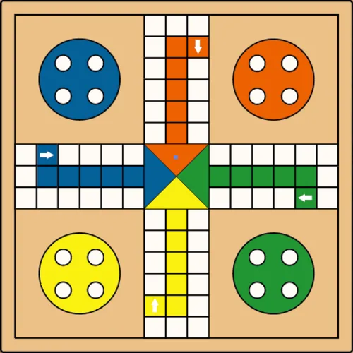 Colorful classic Ludo board with four home areas